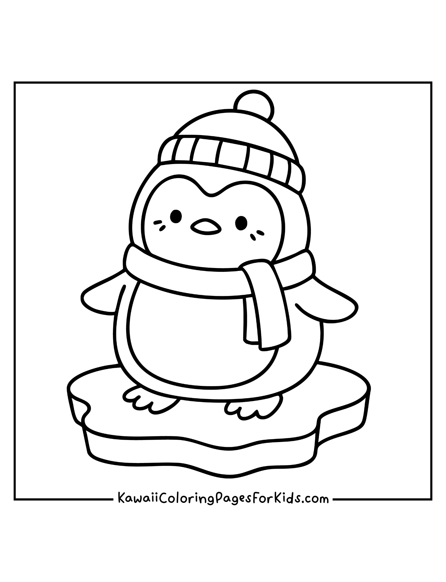 Kawaii penguin wearing hat and scarf on ice coloring page, easy printable for kids.