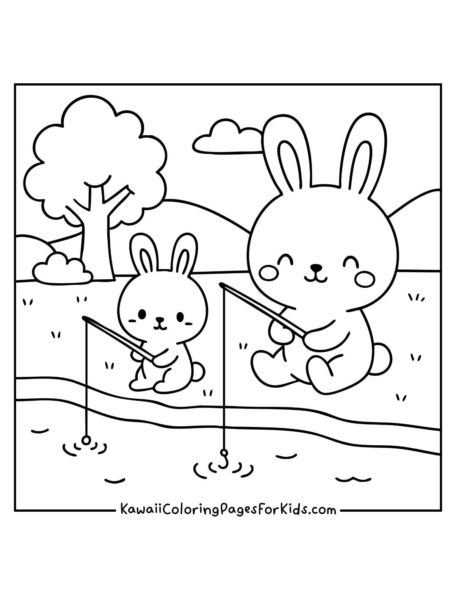 Parent bunny and child bunny sitting by the water fishing together on a sunny day – kawaii rabbit coloring page for kids.