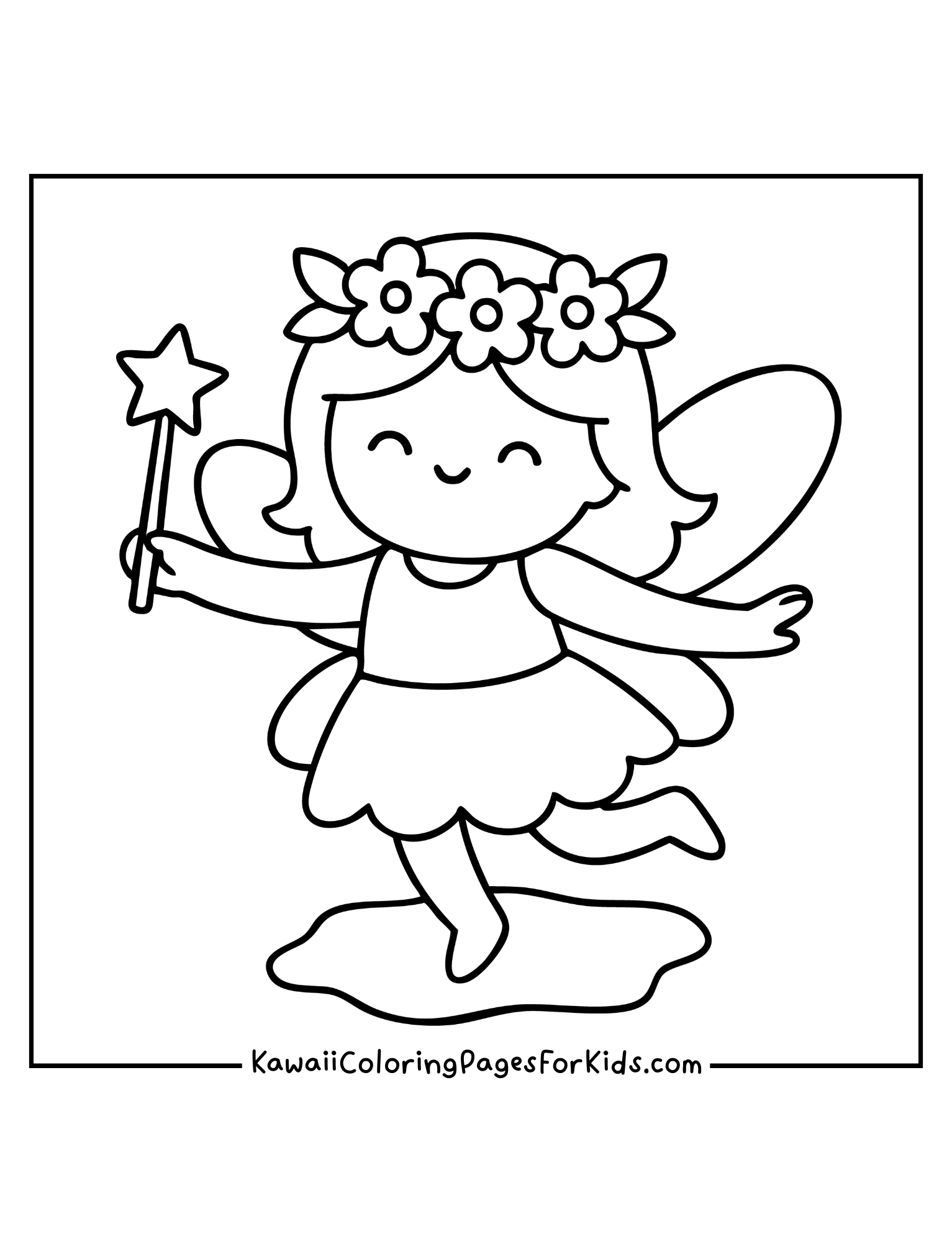 Kawaii fairy with wings and magic wand coloring page, simple and cute printable for kids.
