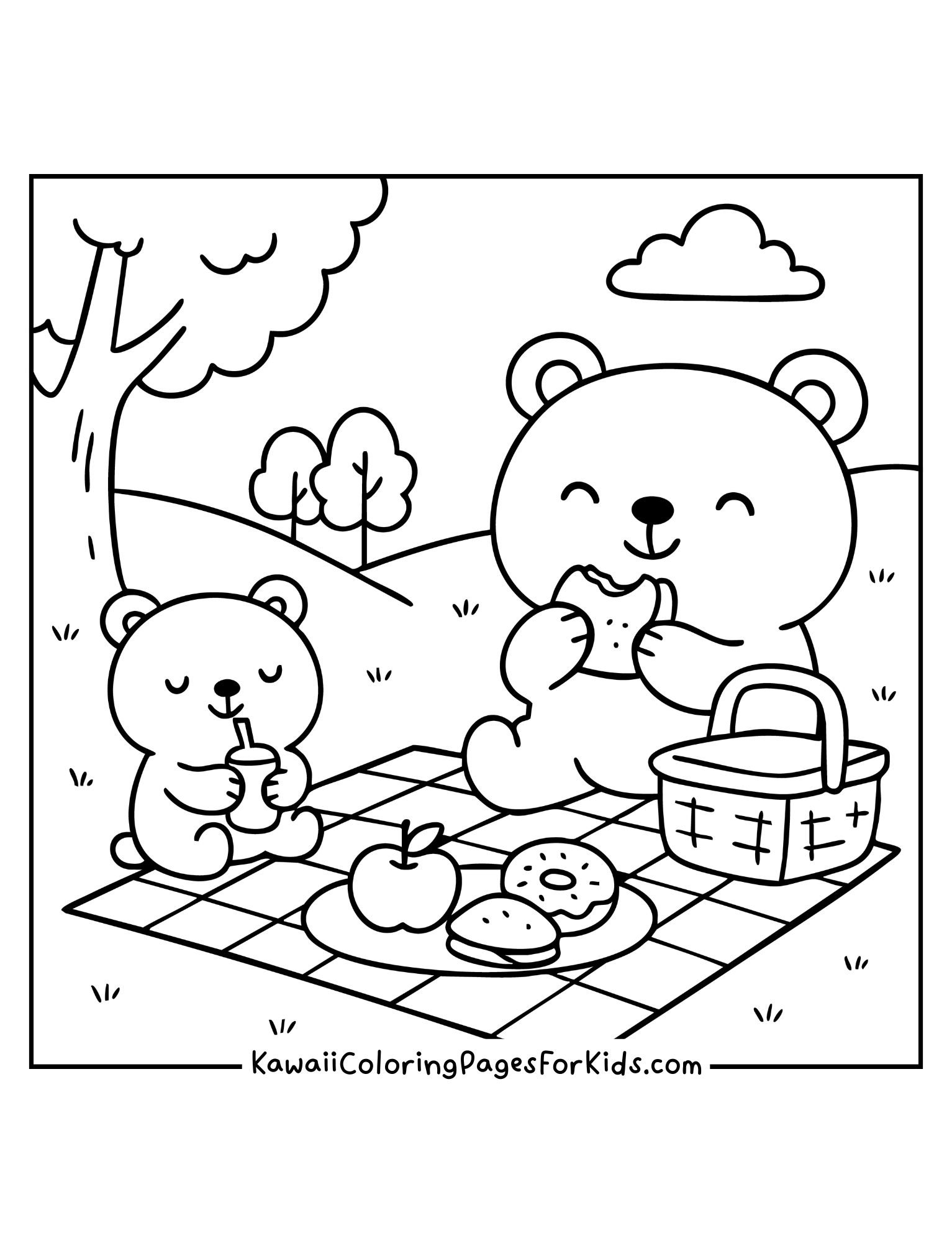 Big bear and little bear sitting on a blanket sharing food, apples, and donuts – cute kawaii family picnic coloring page.