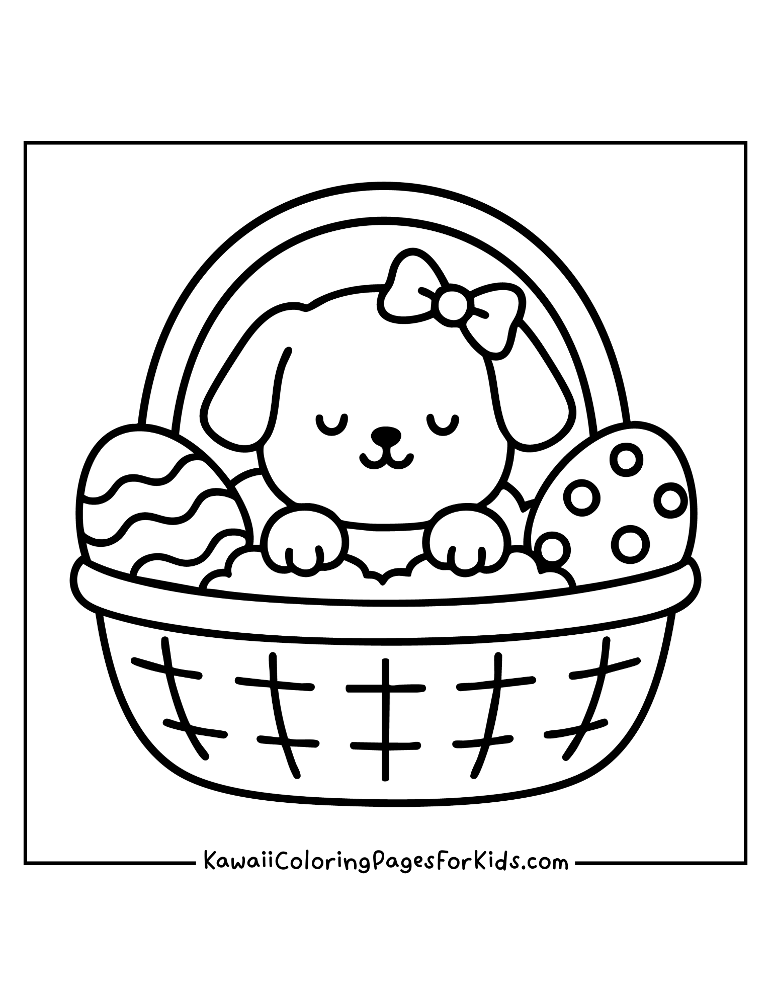 Kawaii puppy with bow sitting in basket with Easter eggs coloring page, easy printable for children.