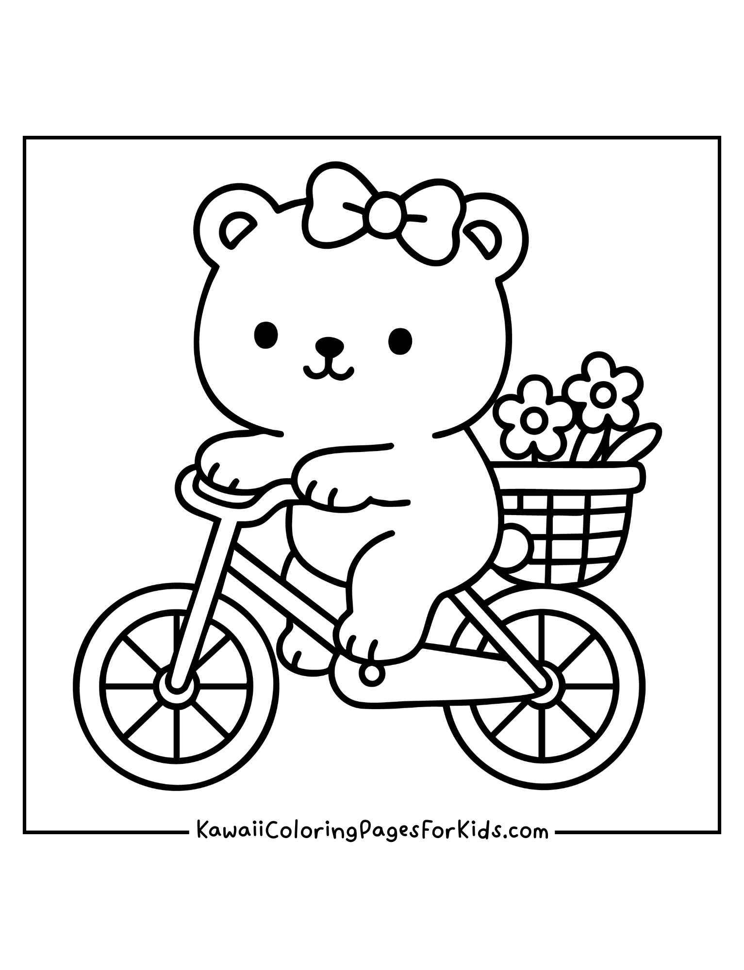 Kawaii bear with bow riding a bike coloring page, simple and fun printable for children.