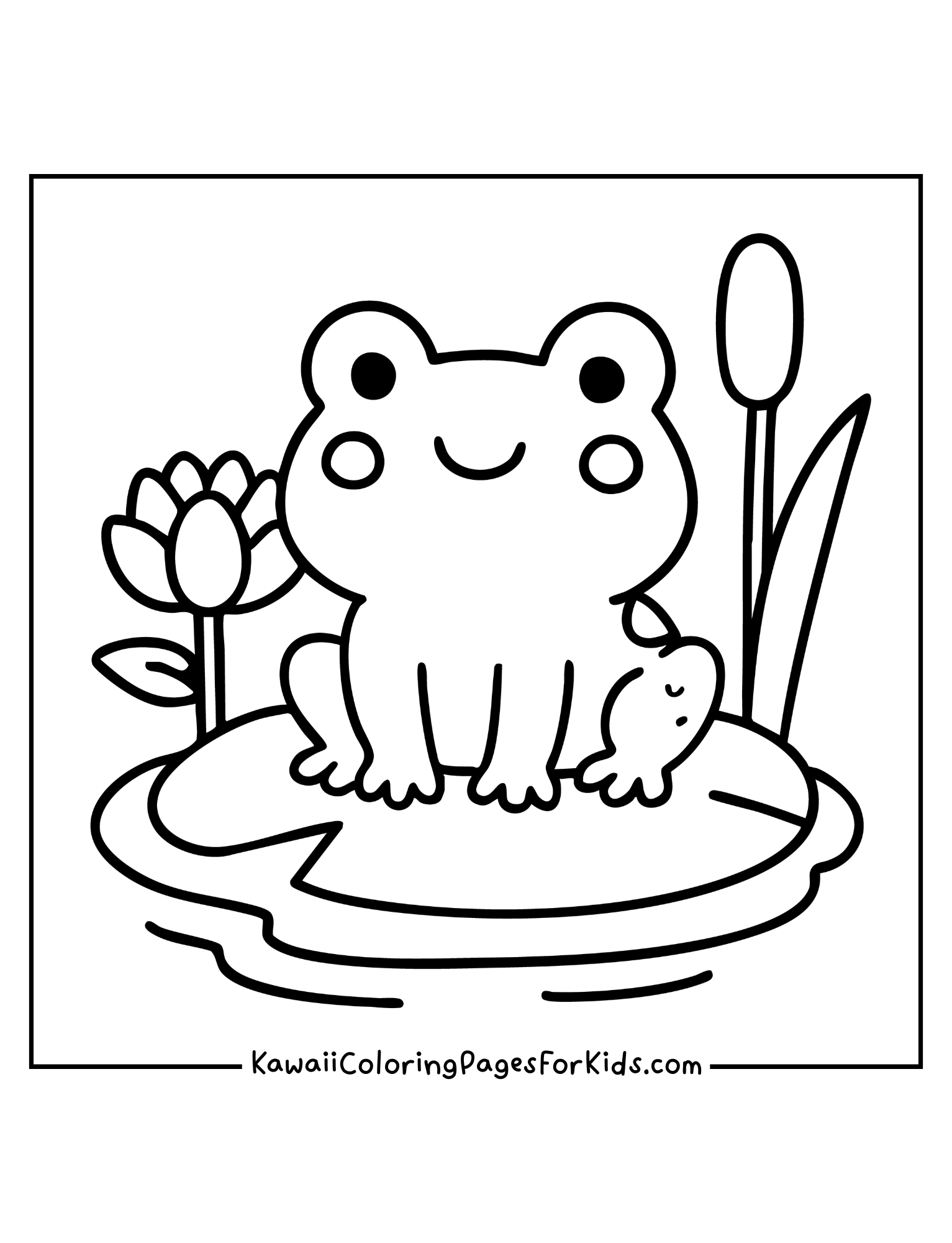 Cartoon frog sitting on lily pad with flowers coloring page, easy printable for toddlers.