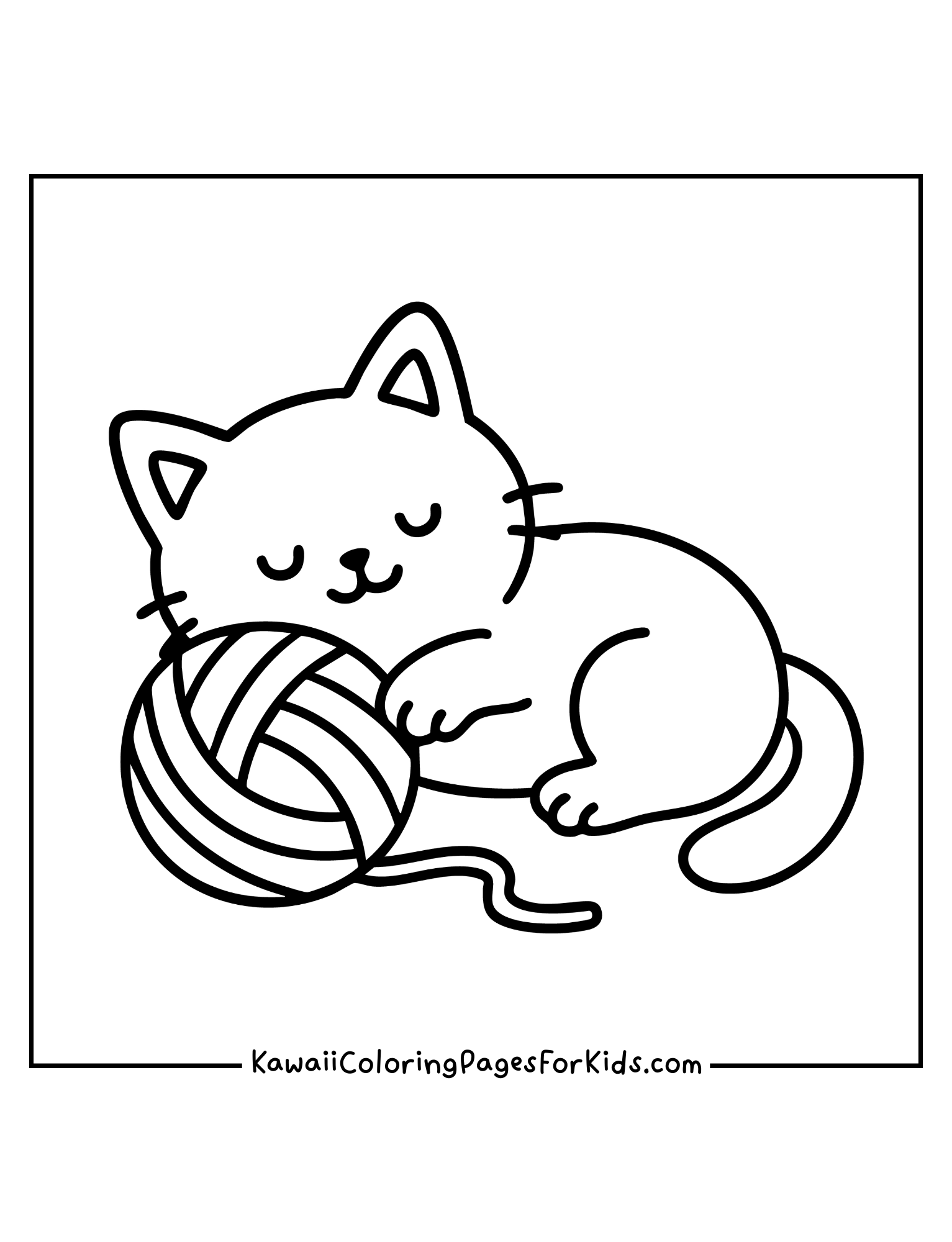Kawaii cat with ball of yarn coloring page, simple and cute printable for kids.