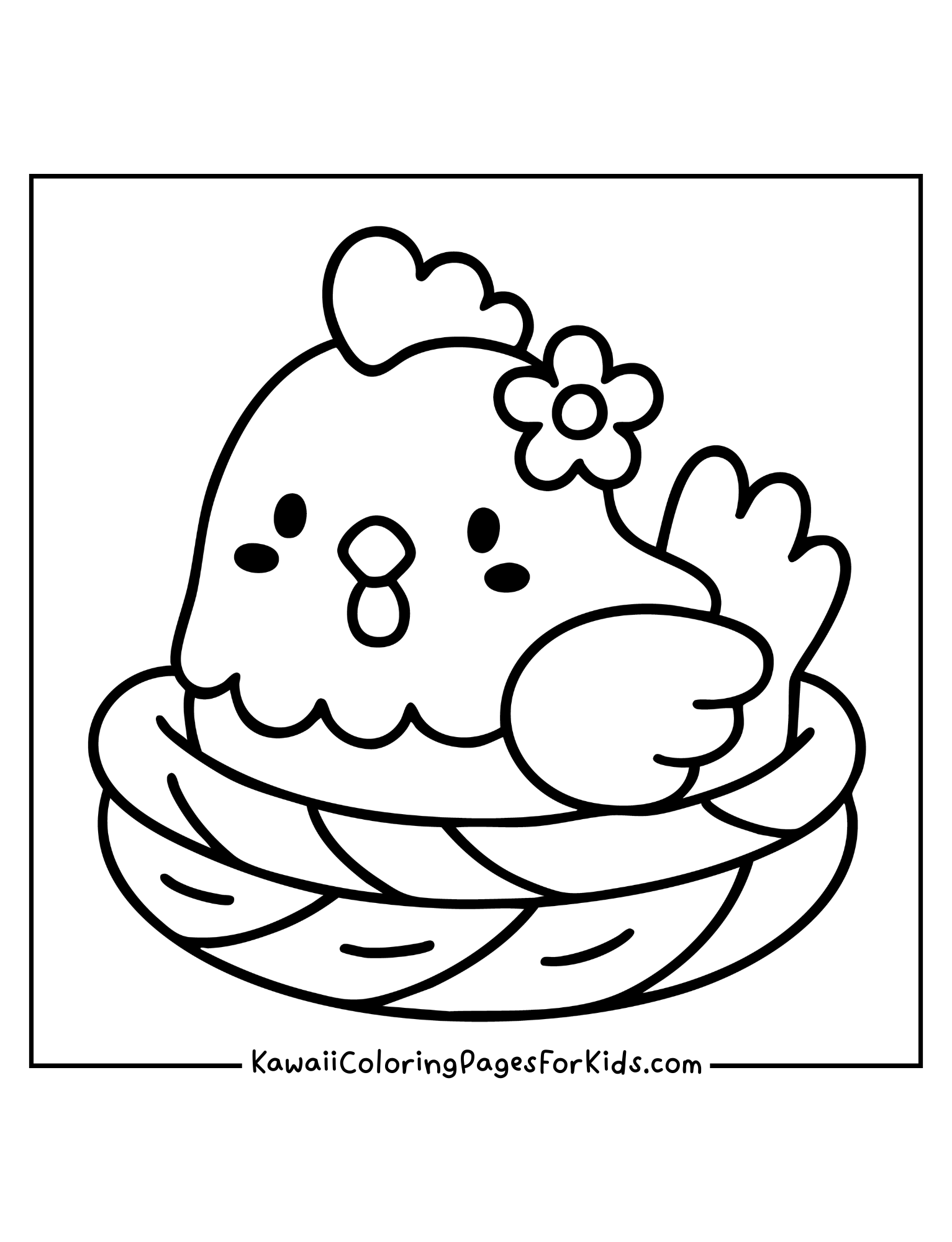 Cute hen with flower sitting in nest coloring page, easy printable for kids.
