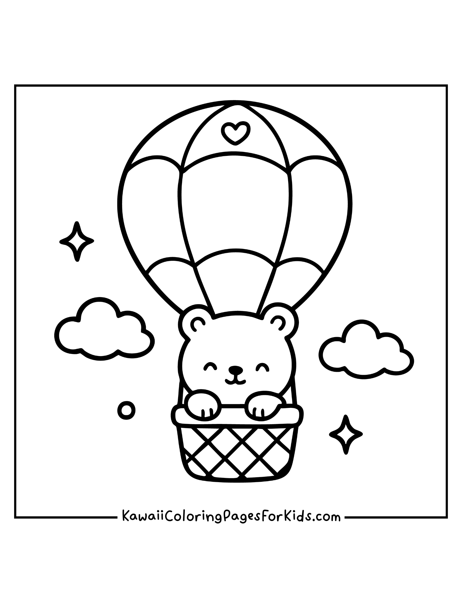 Kawaii bear riding hot air balloon coloring page, simple printable for children.
