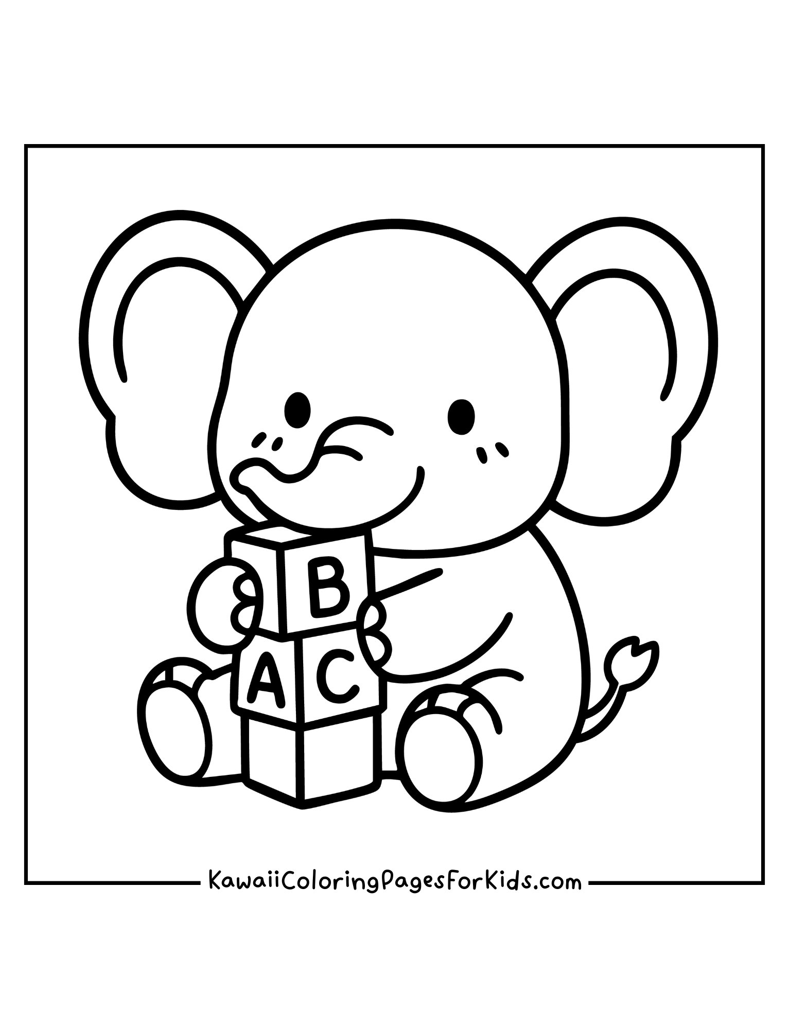 Kawaii elephant holding alphabet blocks coloring page, easy printable for toddlers and kids.