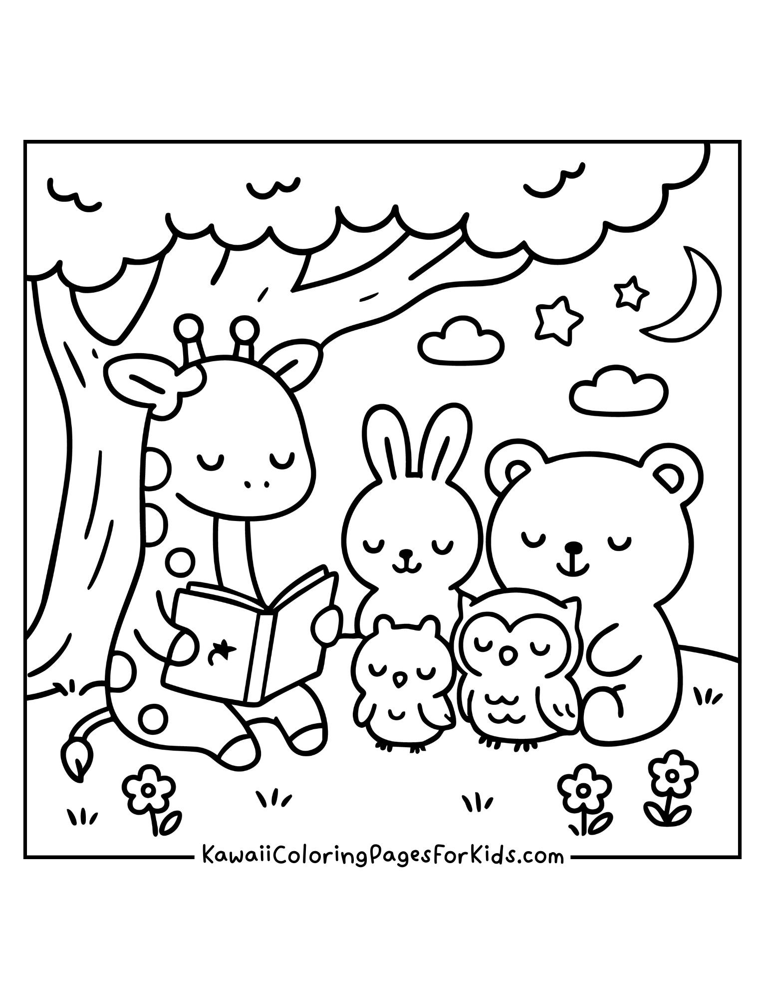 Kawaii giraffe, bear, bunny, and owls reading a book together coloring page, fun printable for children.