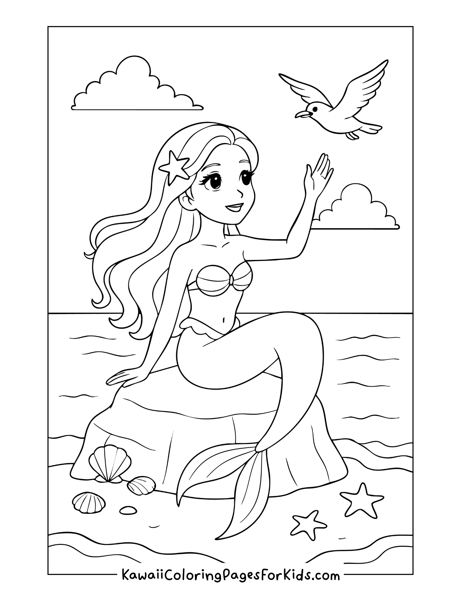 Smiling mermaid sitting on a seaside rock waving at a bird with seashells and starfish around her – cute free mermaid coloring sheet.