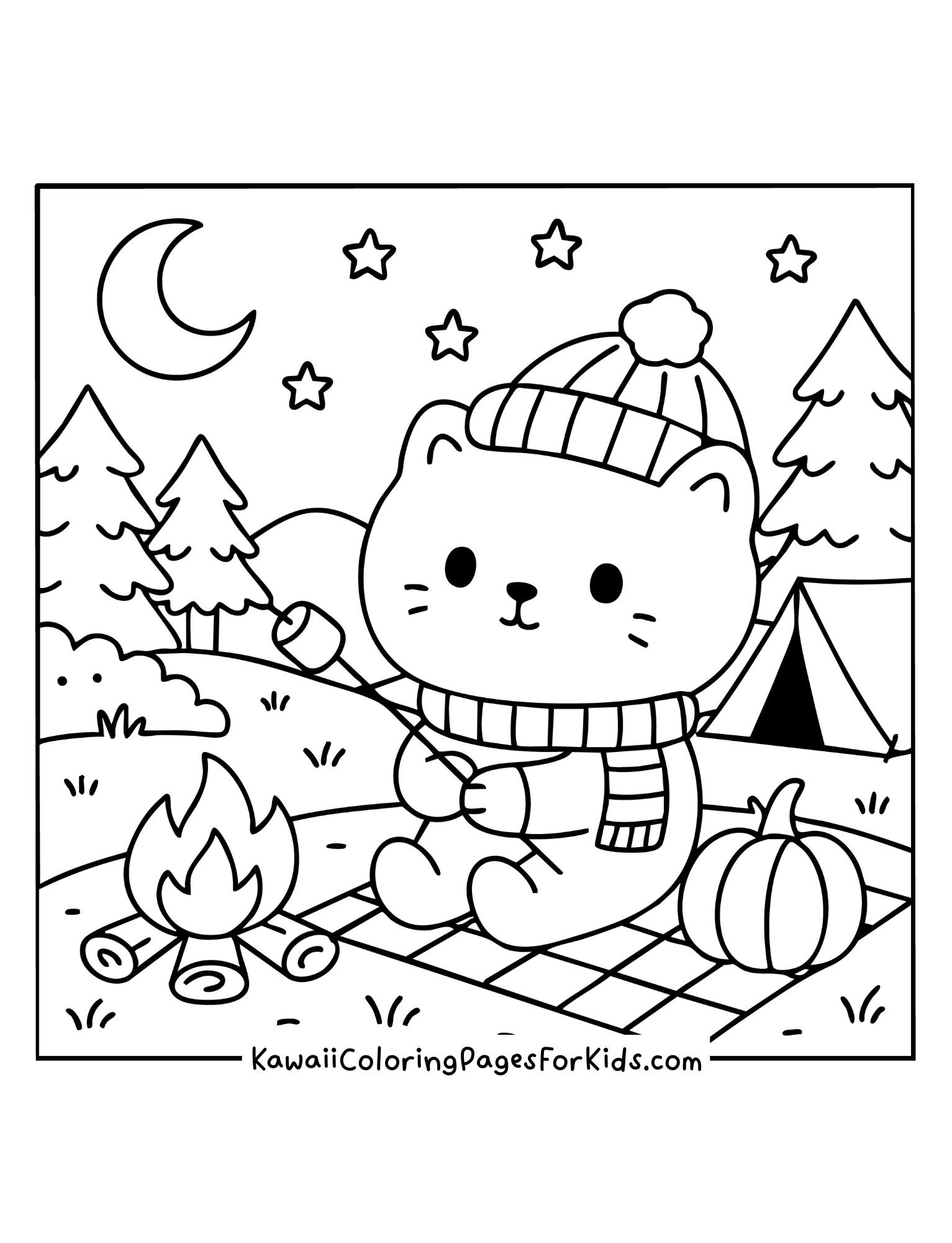 Kawaii cat in hat and scarf roasting marshmallows by campfire coloring page, fun camping printable for kids.