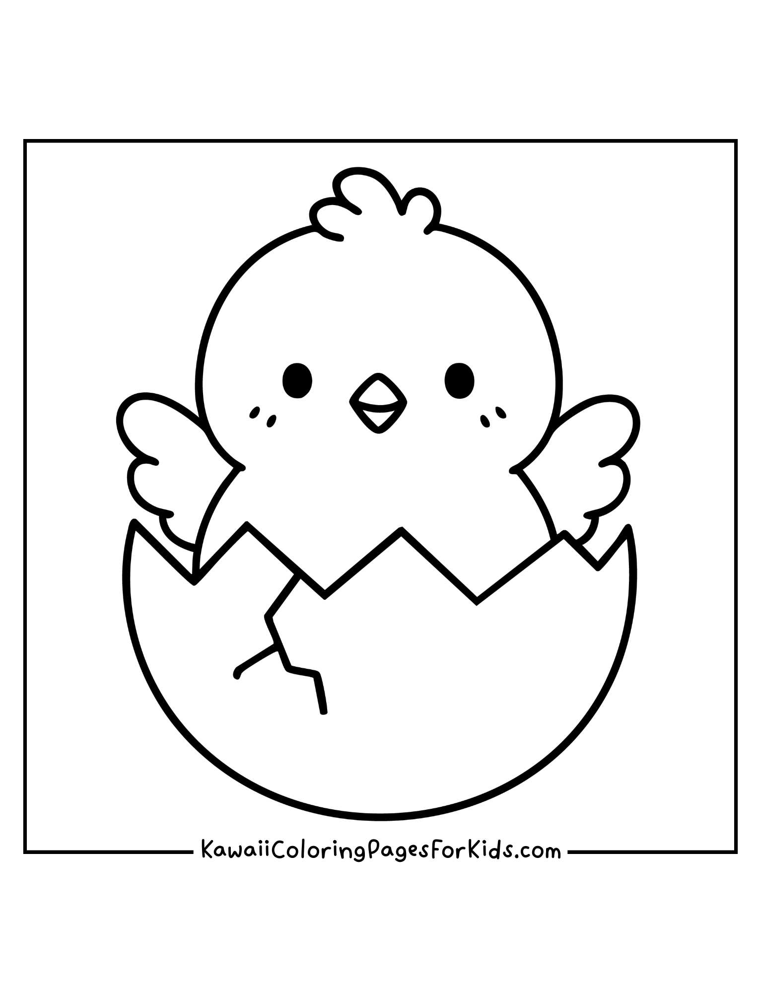 Kawaii chick hatching from egg coloring page, easy printable for toddlers and kids.