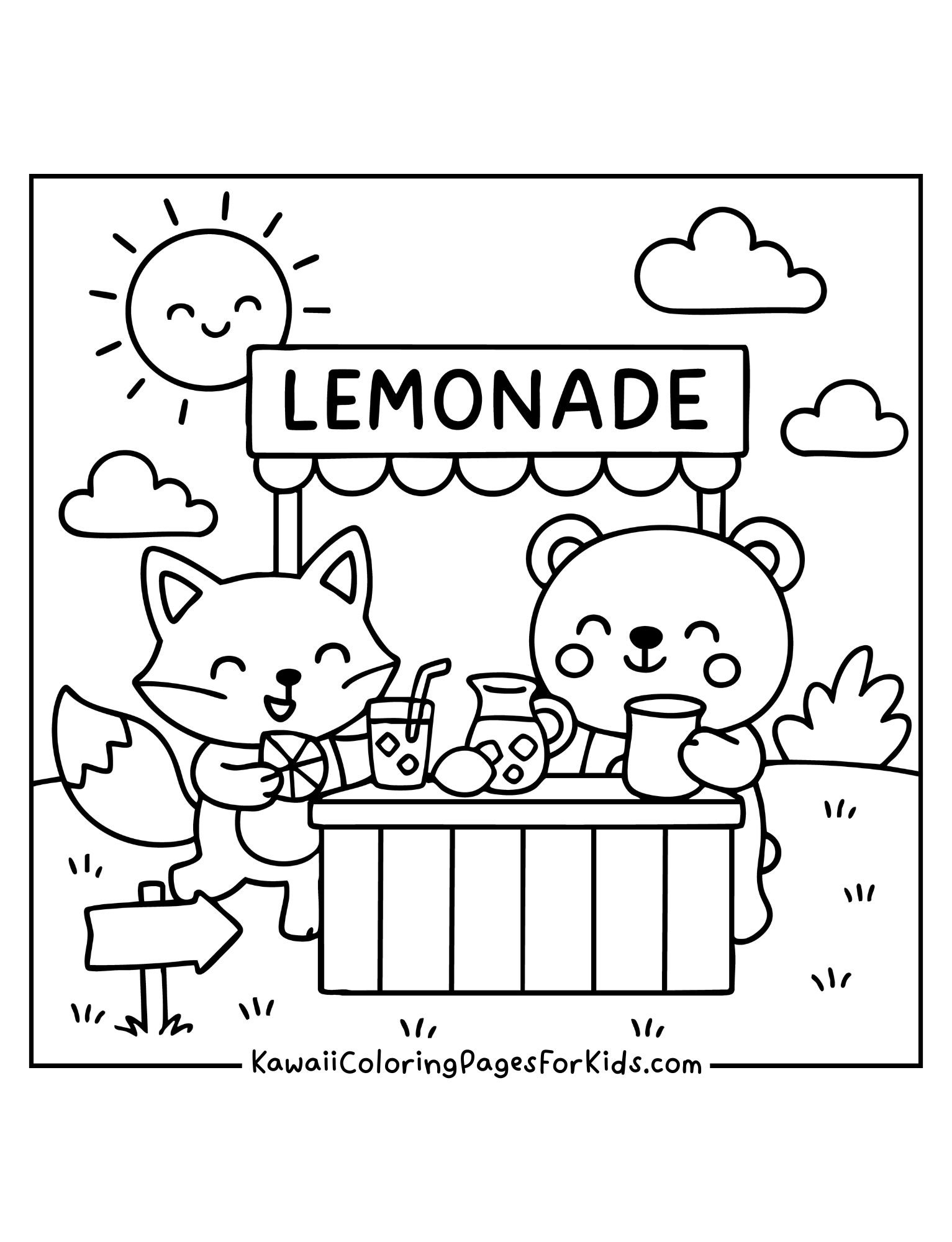 Kawaii fox and bear running lemonade stand coloring page, cute summer printable for kids.