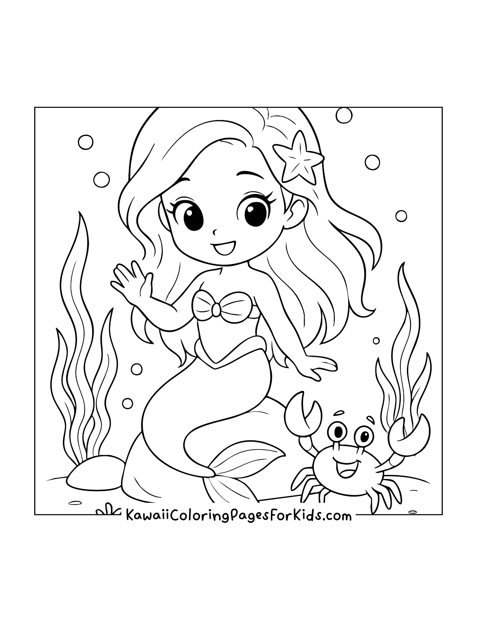 Smiling mermaid with long hair sitting on a rock next to a happy crab and seaweed in an ocean background.