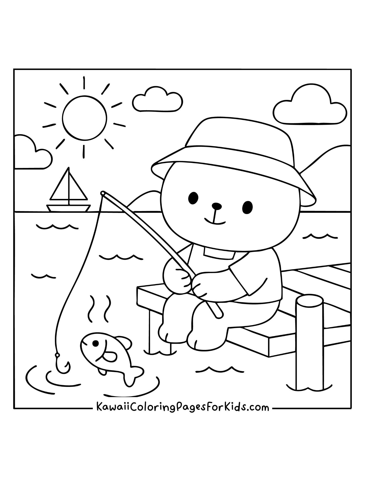 Kawaii bear wearing hat fishing on dock catching fish coloring page, easy printable for kids.