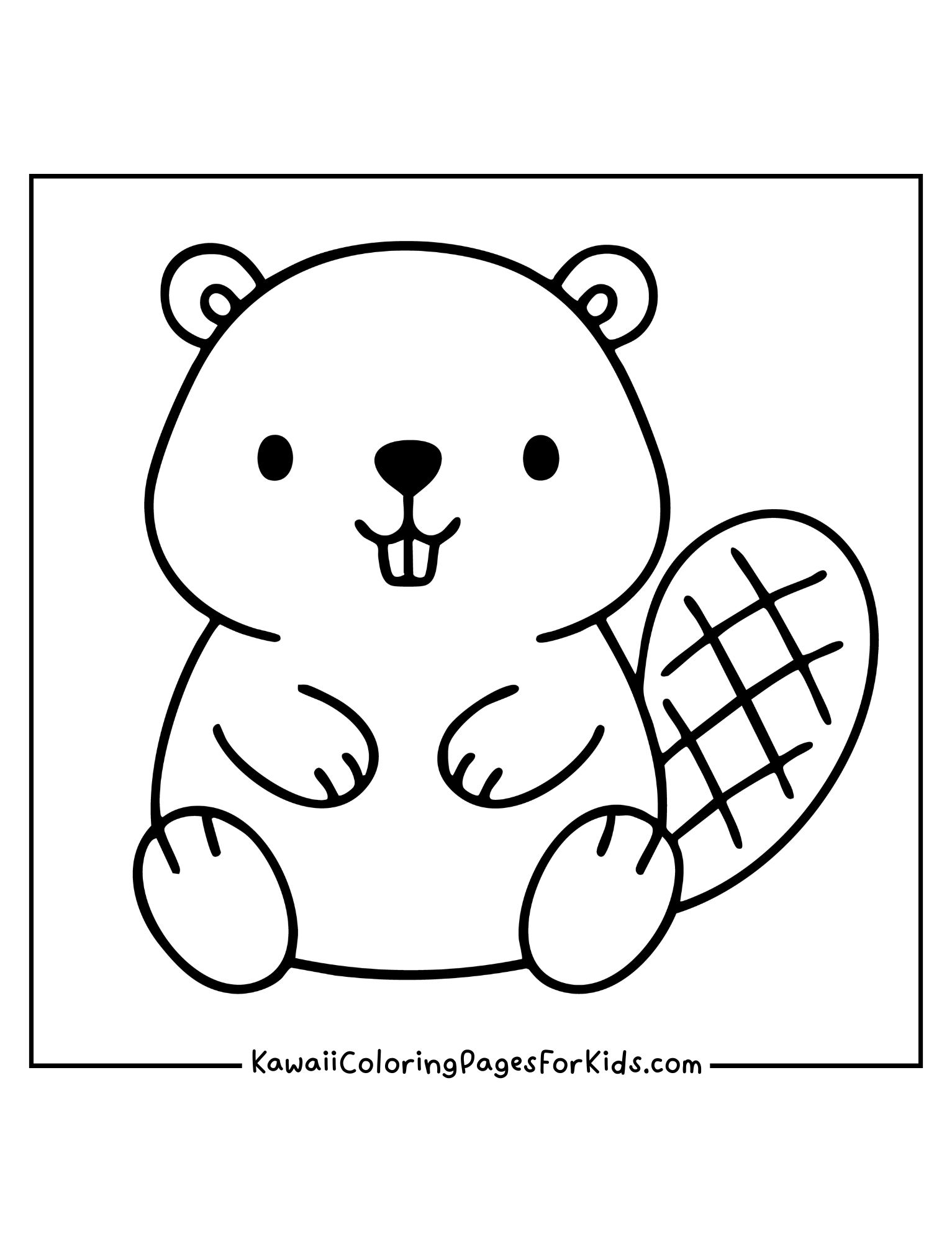 Cute beaver coloring page with big tail, simple printable for children.