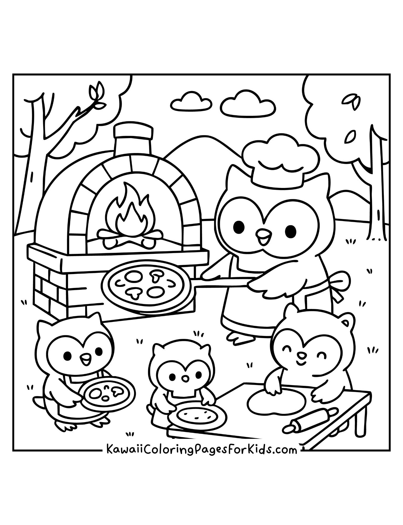 Kawaii owl family with chef hat baking pizza in outdoor oven coloring page, easy printable for children.