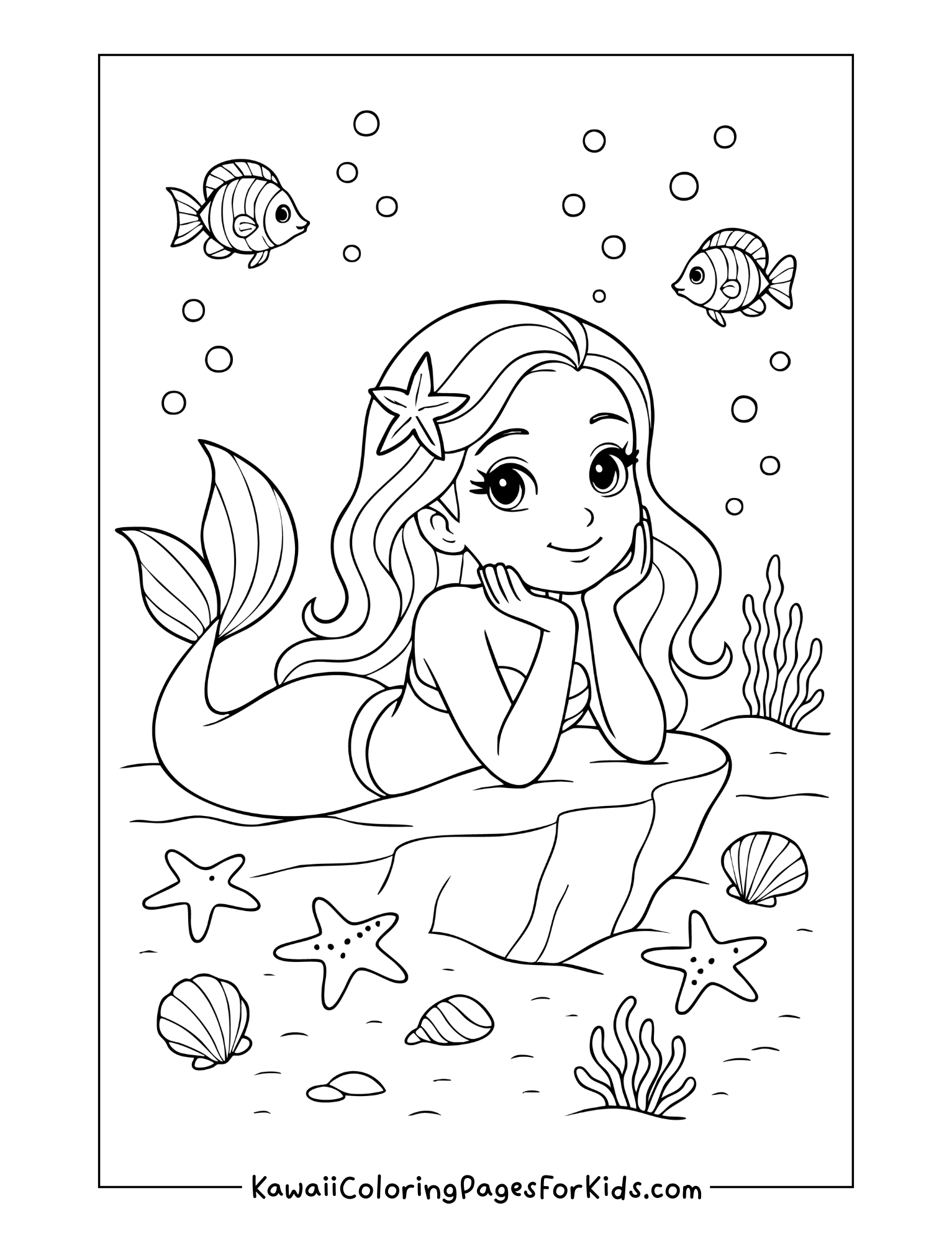 Mermaid lying on a rock, resting her head on her hand, smiling with seashells, coral, and starfish – free printable mermaid coloring sheet for kids.