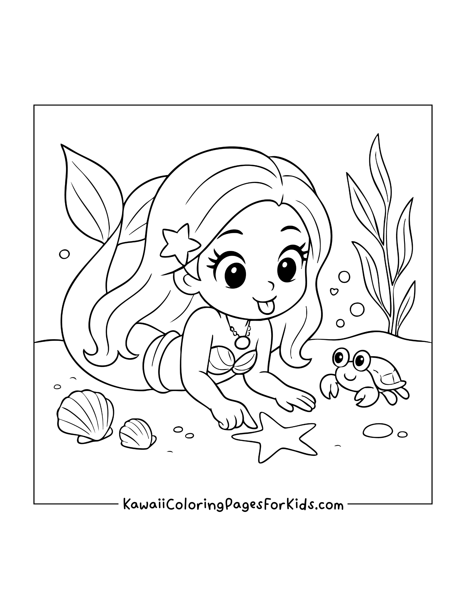 Happy mermaid on the ocean floor playing with a tiny turtle and starfish, surrounded by shells and coral.