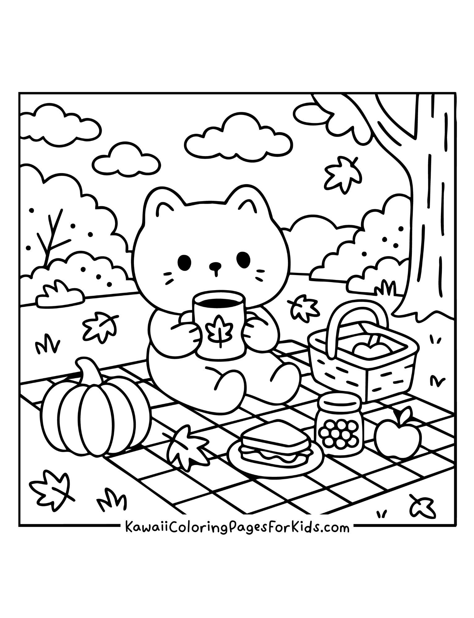 Kawaii cat sitting on picnic blanket with pumpkins and hot drink coloring page, autumn printable for kids.