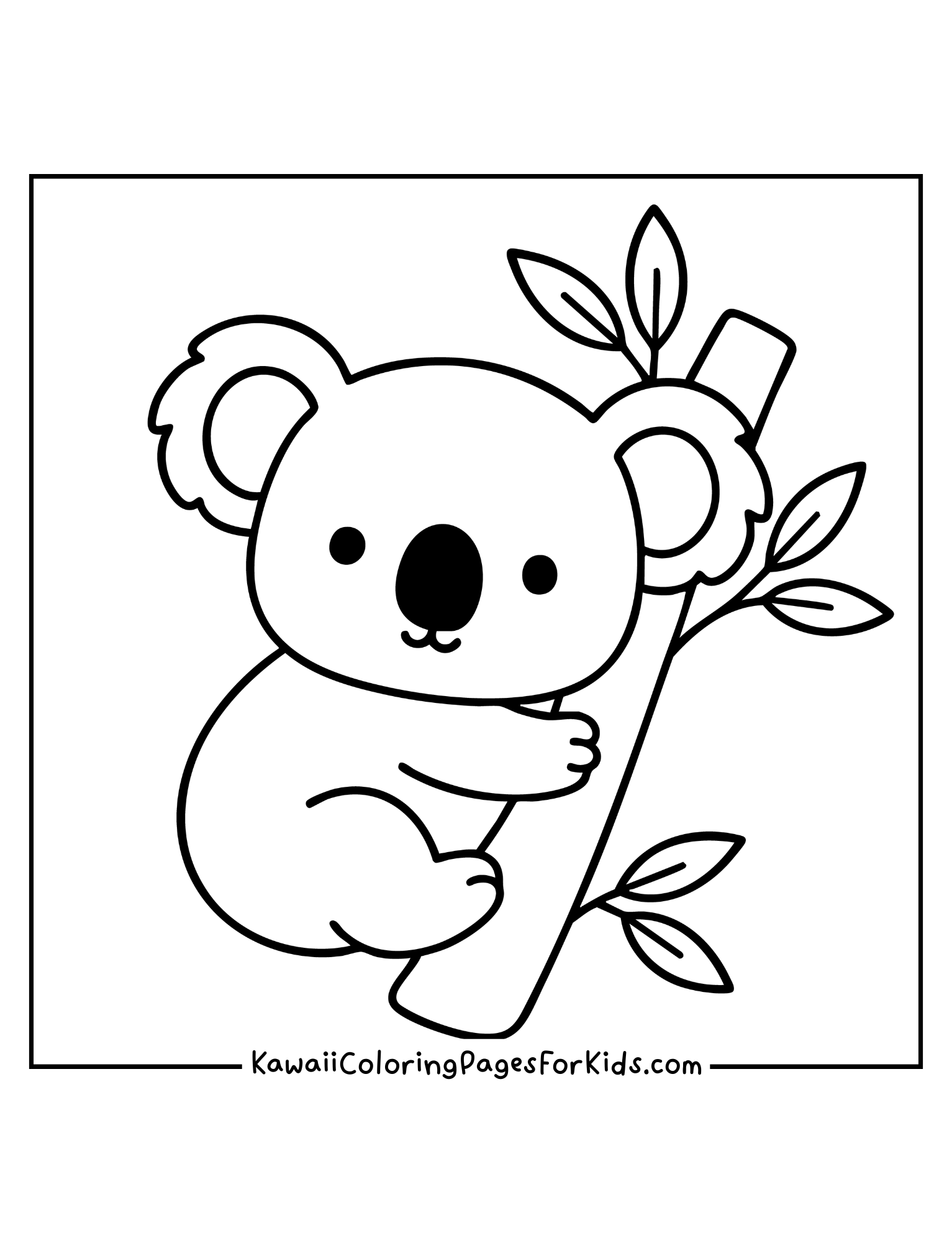 Kawaii koala hugging tree branch coloring page, easy printable for kids.