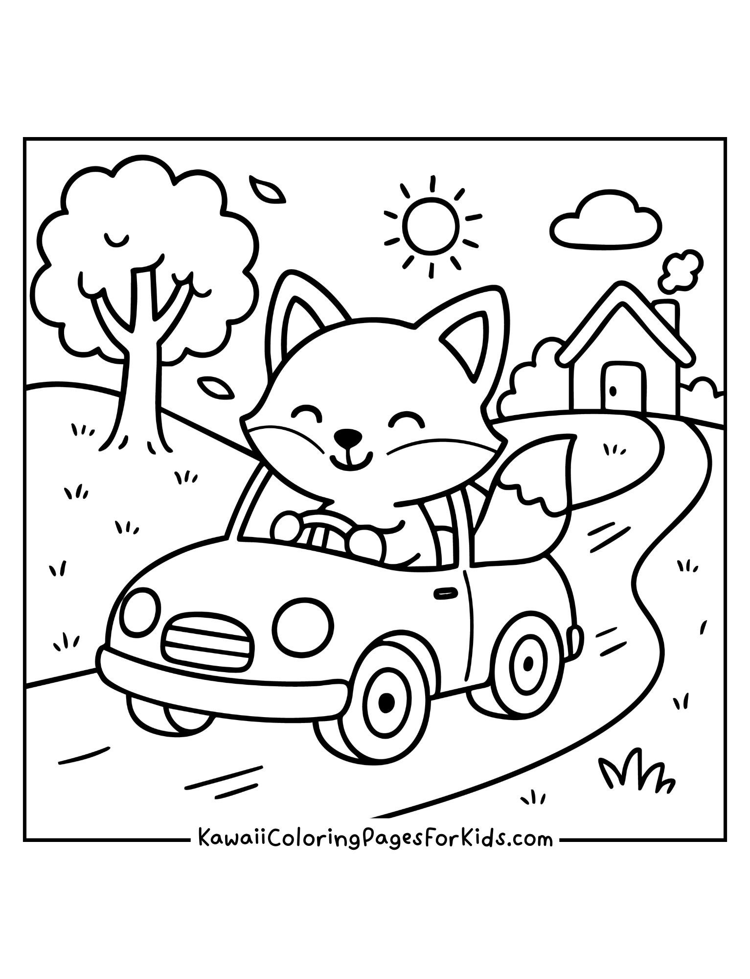 Kawaii fox smiling while driving car in countryside coloring page, simple printable for kids.