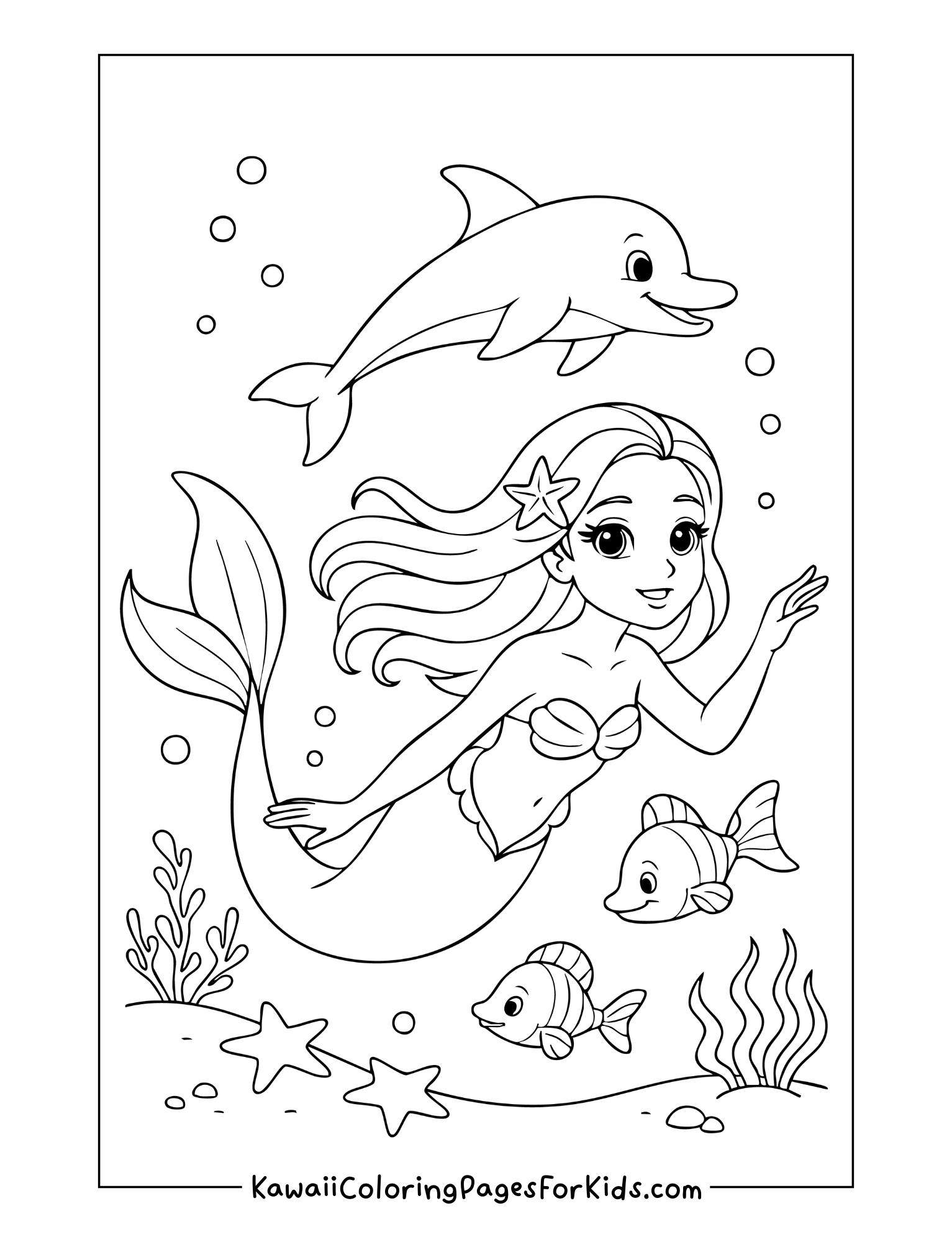 Happy mermaid swimming with dolphin, surrounded by coral, starfish, and tropical fish – free mermaid coloring page for children.