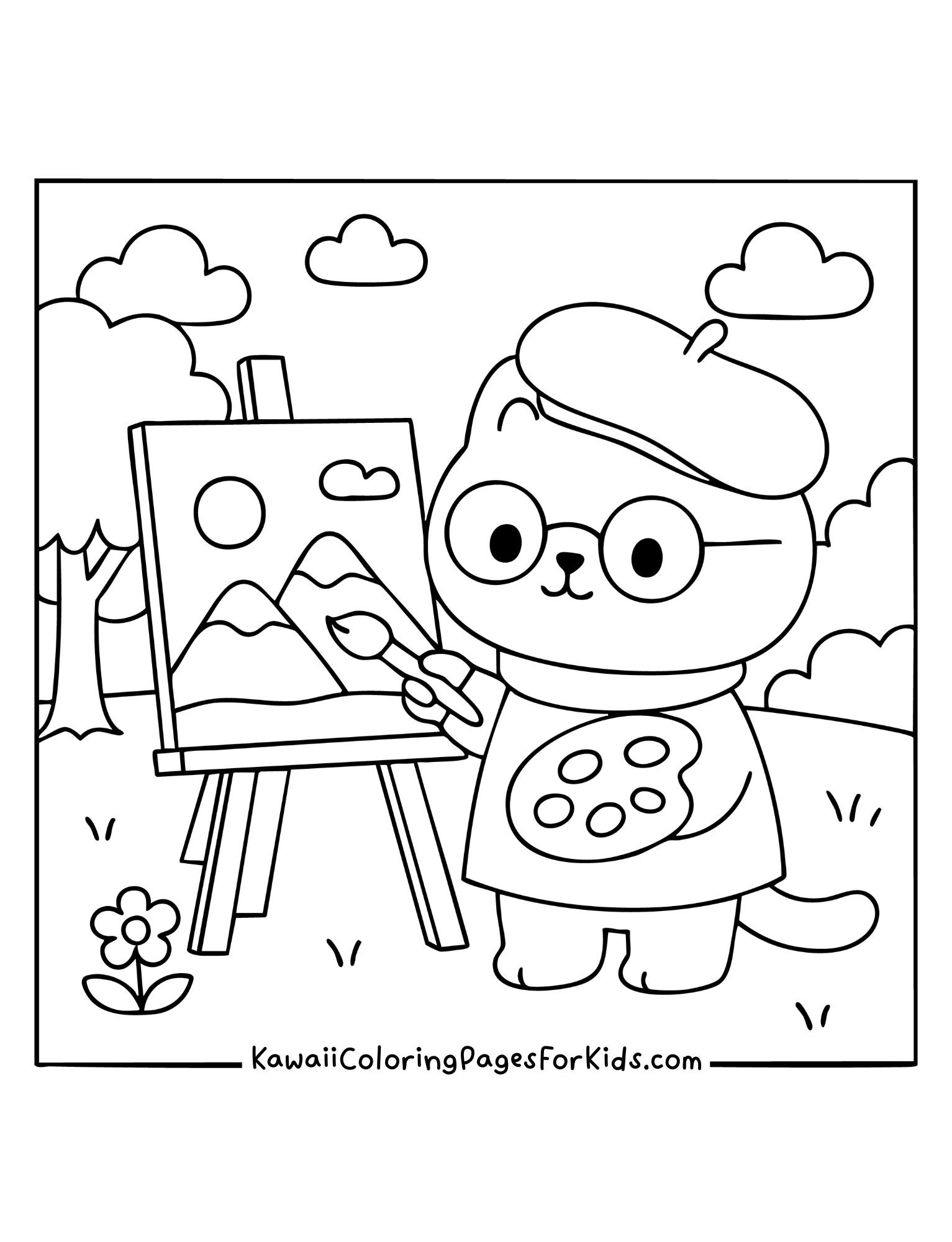 Kawaii cat artist with beret painting mountains on easel coloring page, simple art printable for kids.