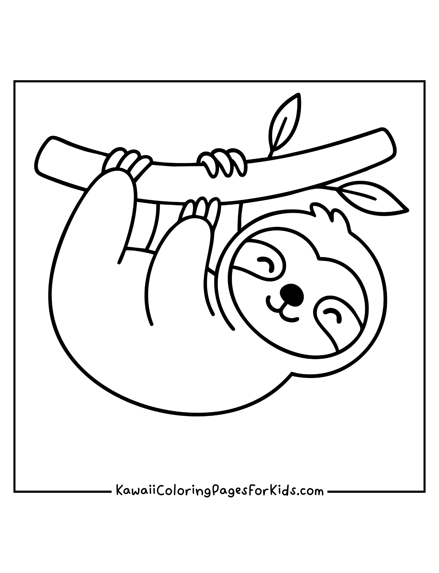 Cute cartoon sloth hanging from tree branch coloring page, simple for toddlers and children.