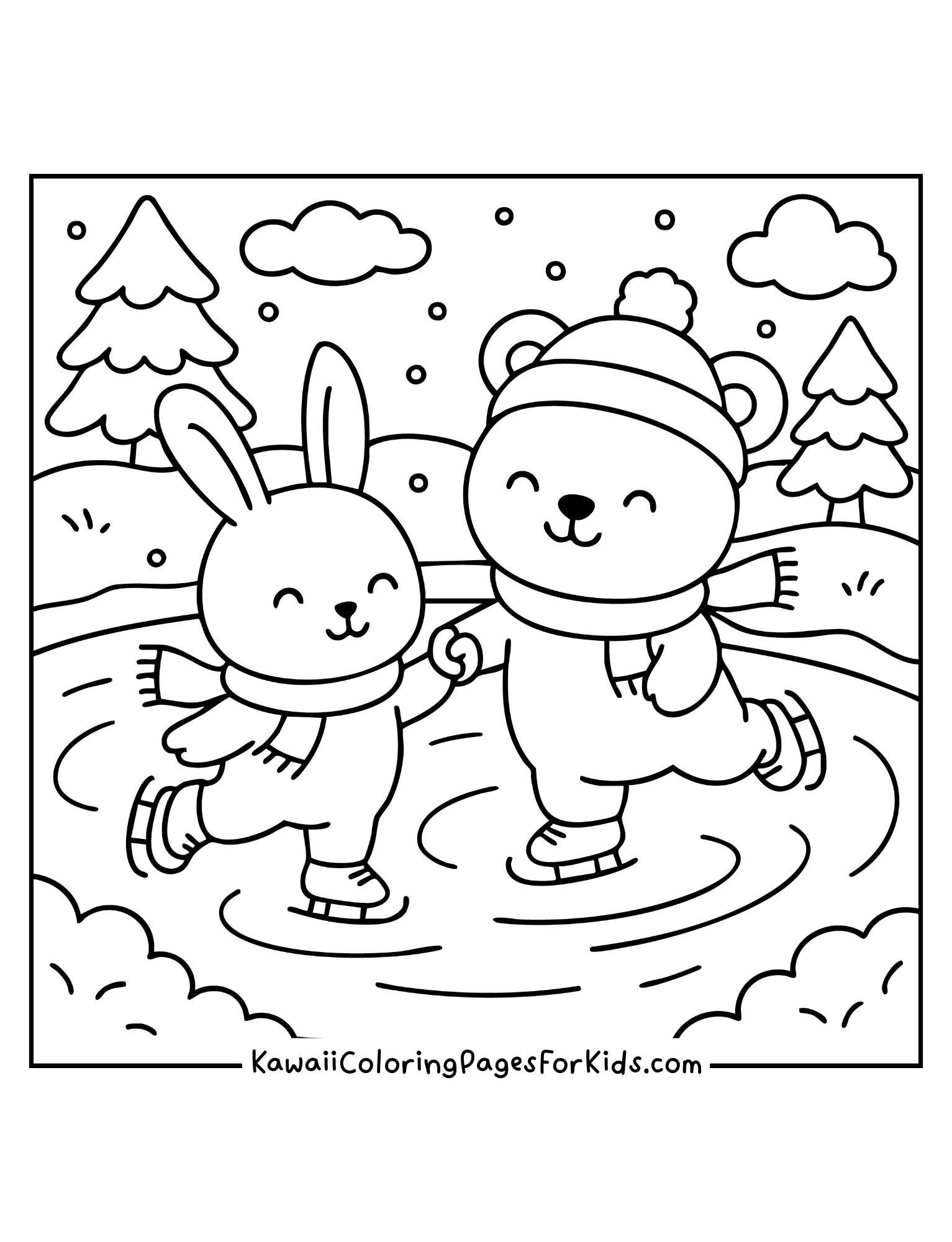Kawaii bunny and bear holding hands ice skating coloring page, fun winter printable for kids.