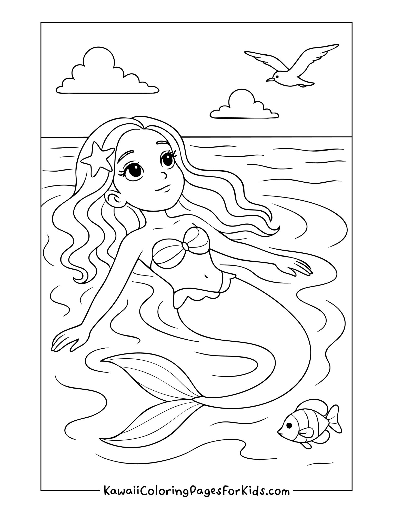 Mermaid floating near the shore with ocean waves, flying seagull, and a fish swimming nearby – printable mermaid coloring sheet for kids.