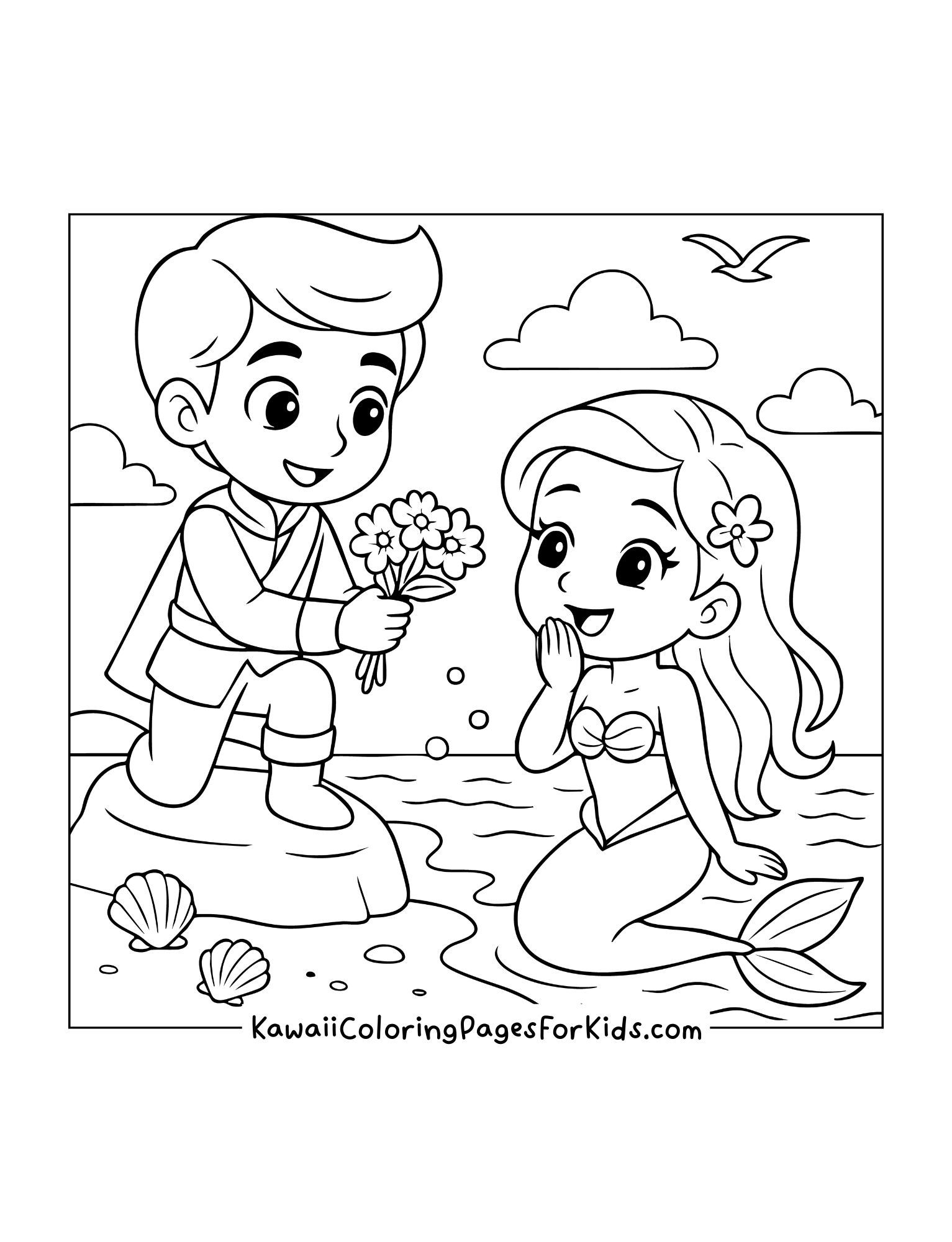 Cute mermaid sitting by the shore as a boy hands her flowers, with seashells and ocean waves in the background.