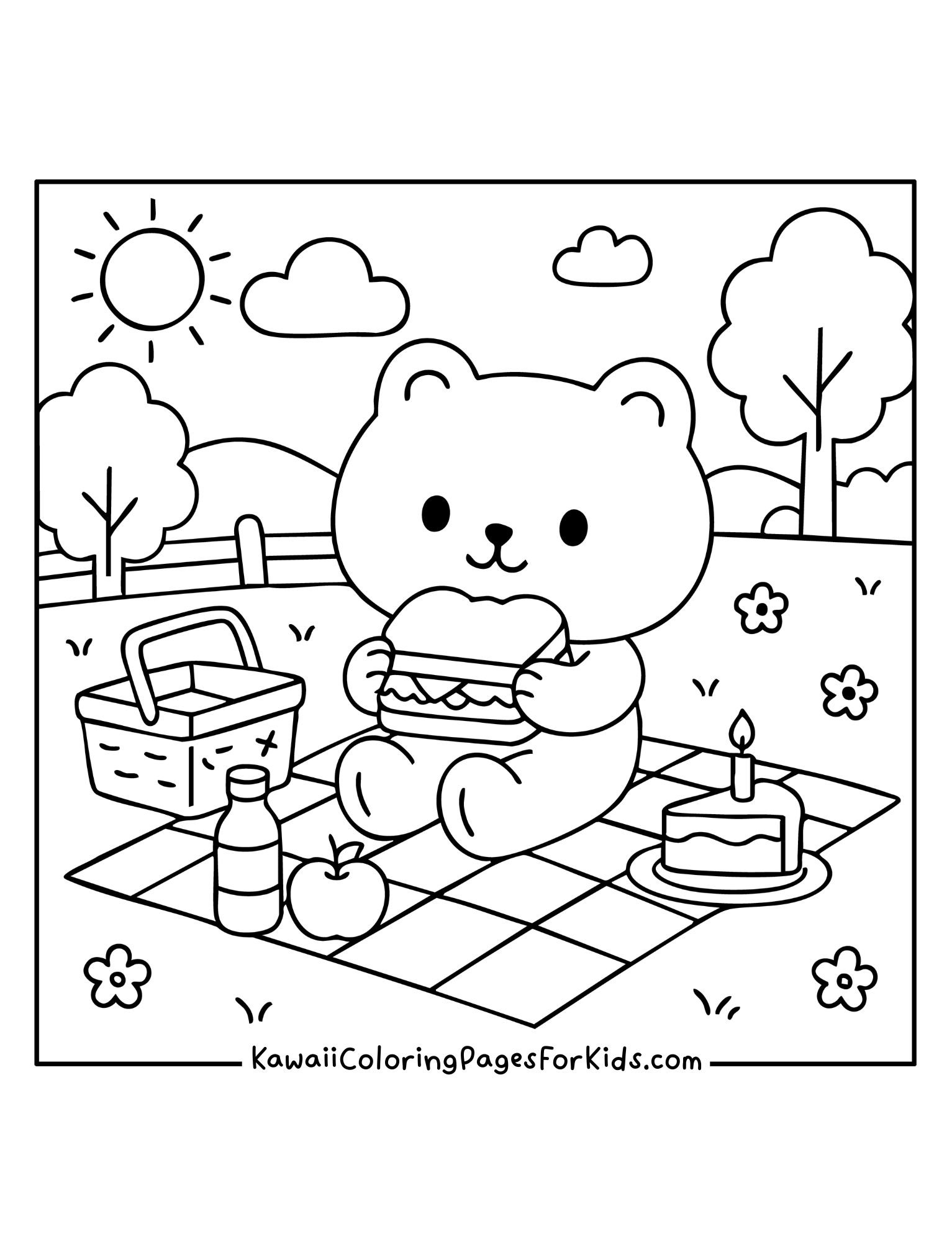 Kawaii bear sitting on picnic blanket with food coloring page, simple picnic printable for children.