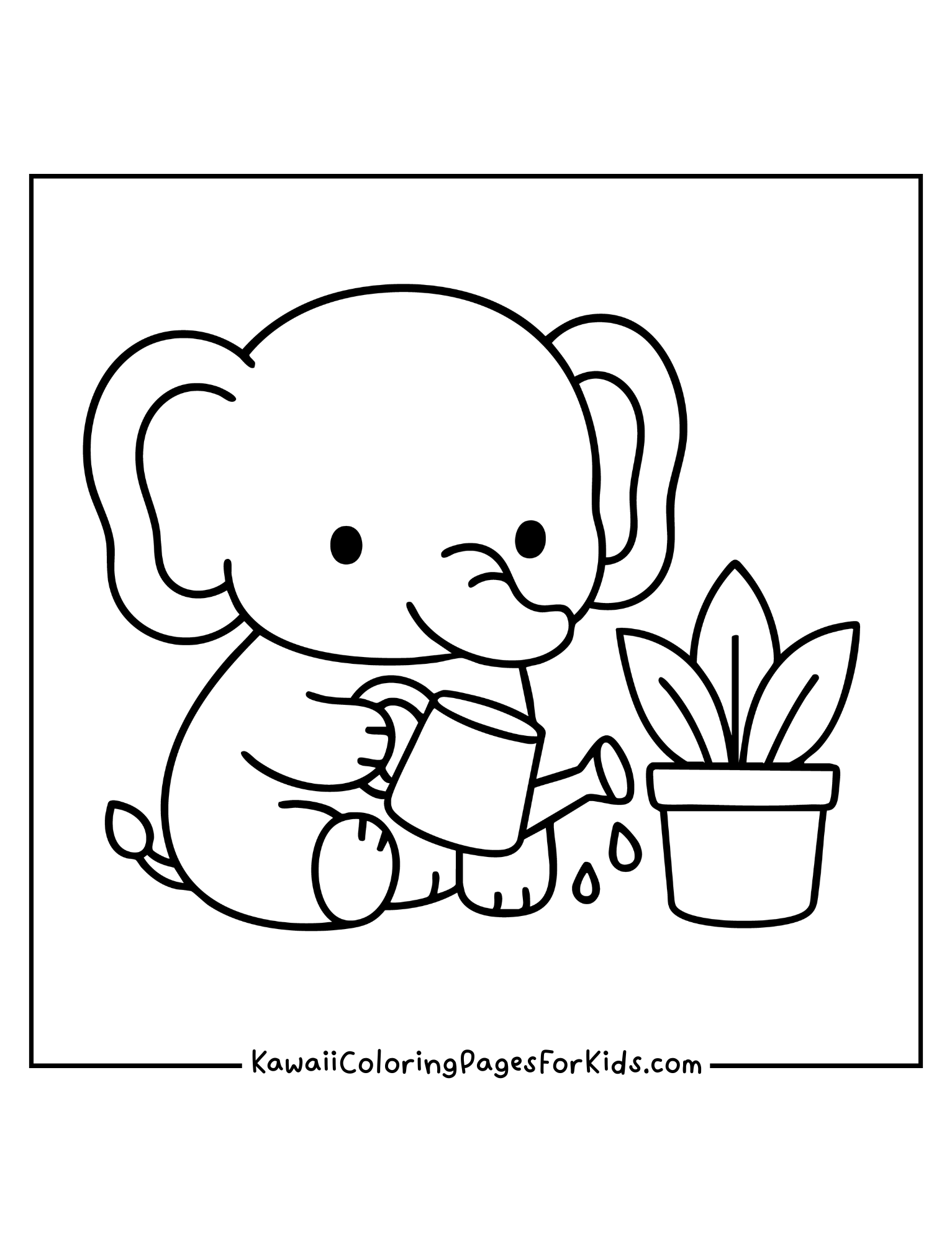 Adorable elephant watering plant coloring page, easy printable for kids.