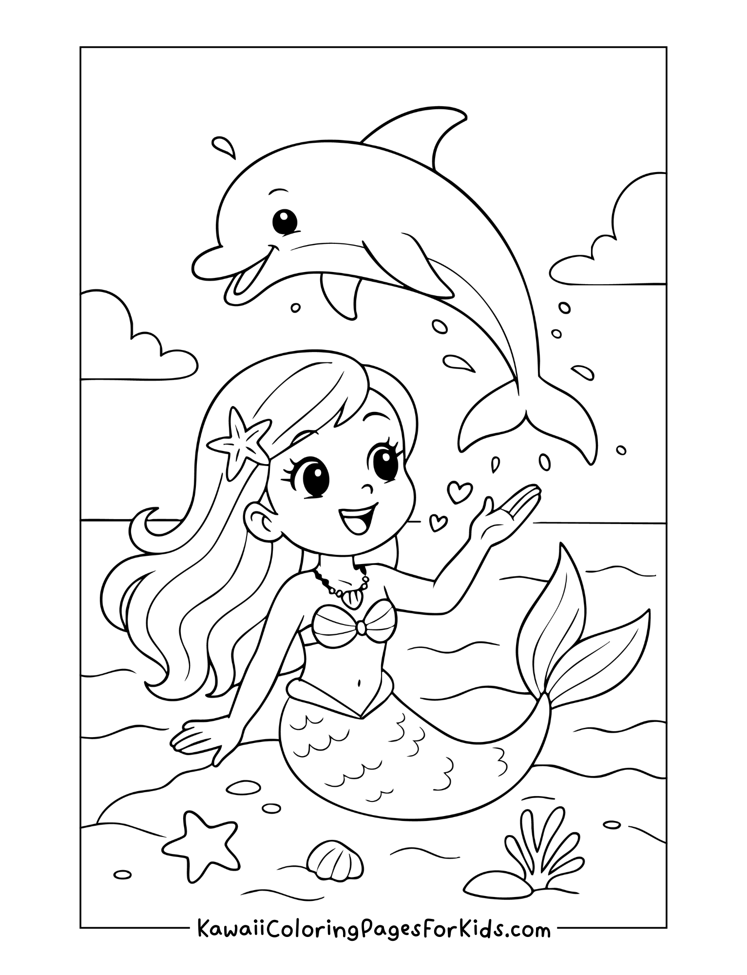 Smiling mermaid in the sea with a dolphin jumping above her, with ocean waves and clouds in the background.