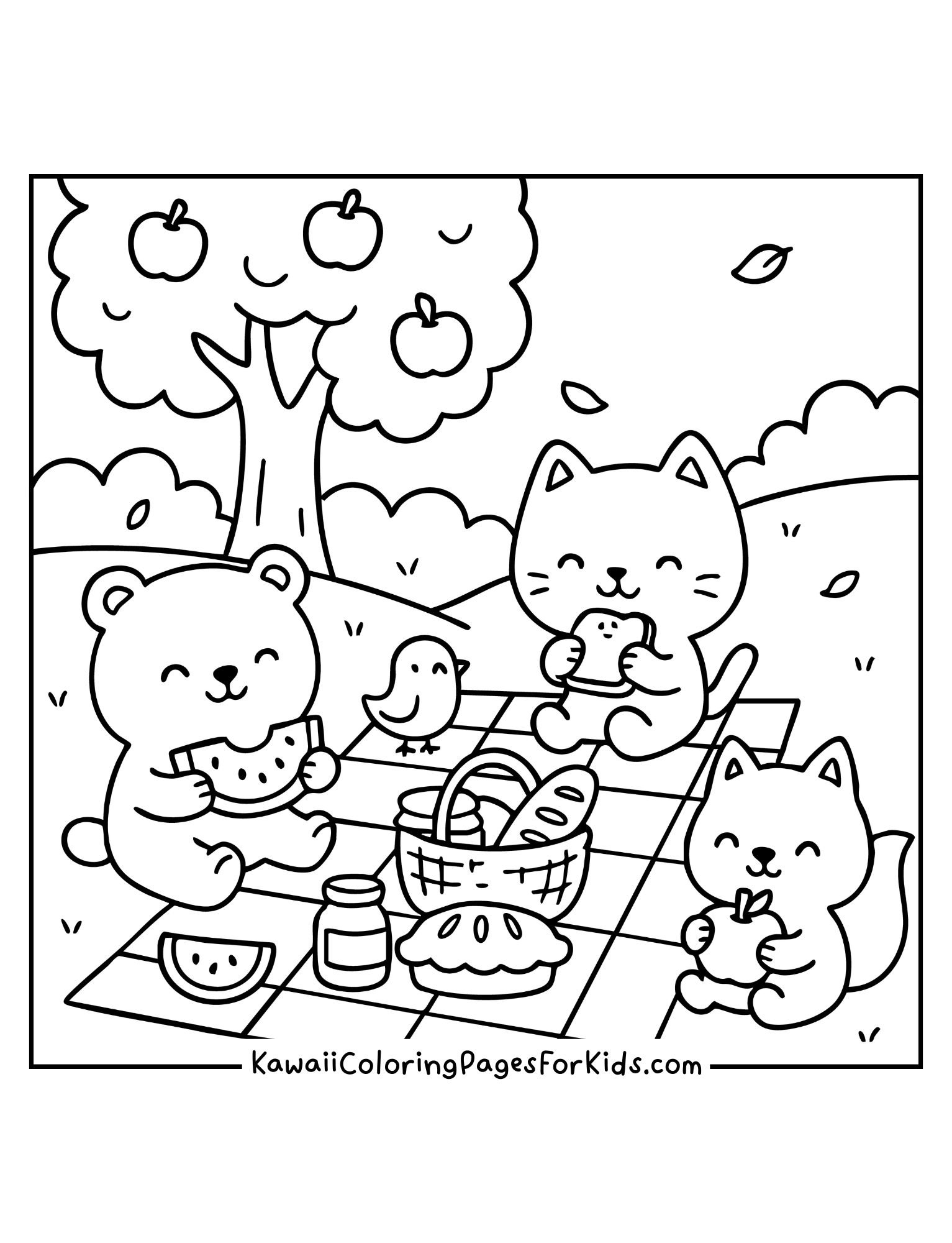 Kawaii Picnic Coloring Page – Cute Animal Friends Eating Together Outdoors