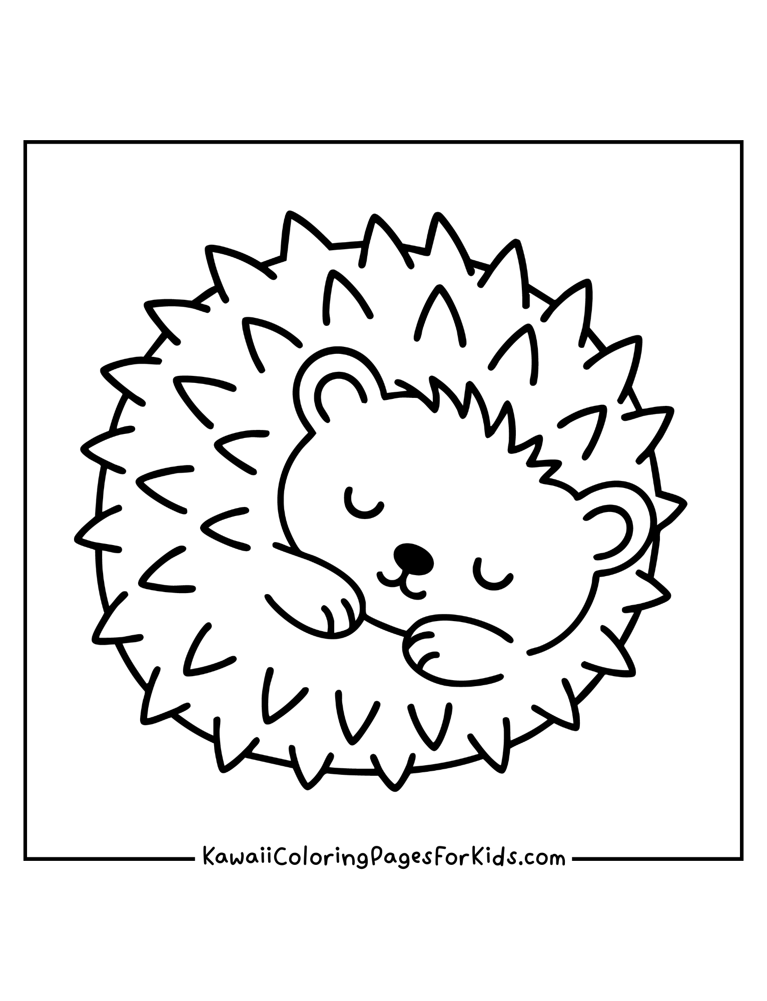 Kawaii hedgehog curled up sleeping coloring page, easy printable for kids.