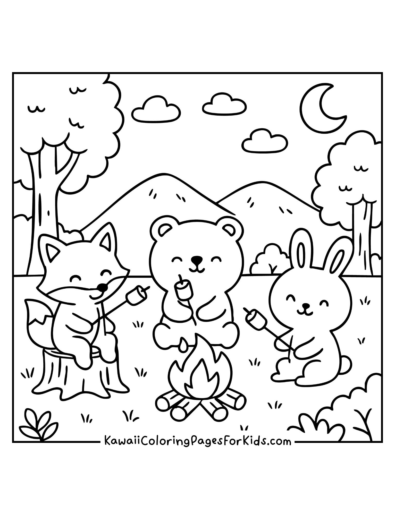 Fox, bear, and bunny roasting marshmallows together under the night sky – kawaii style animal camping coloring page printable.