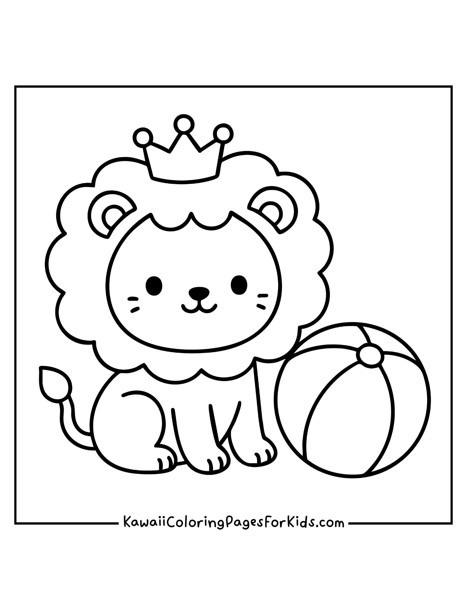 Kawaii lion wearing crown with ball coloring page, fun jungle animal printable for children.