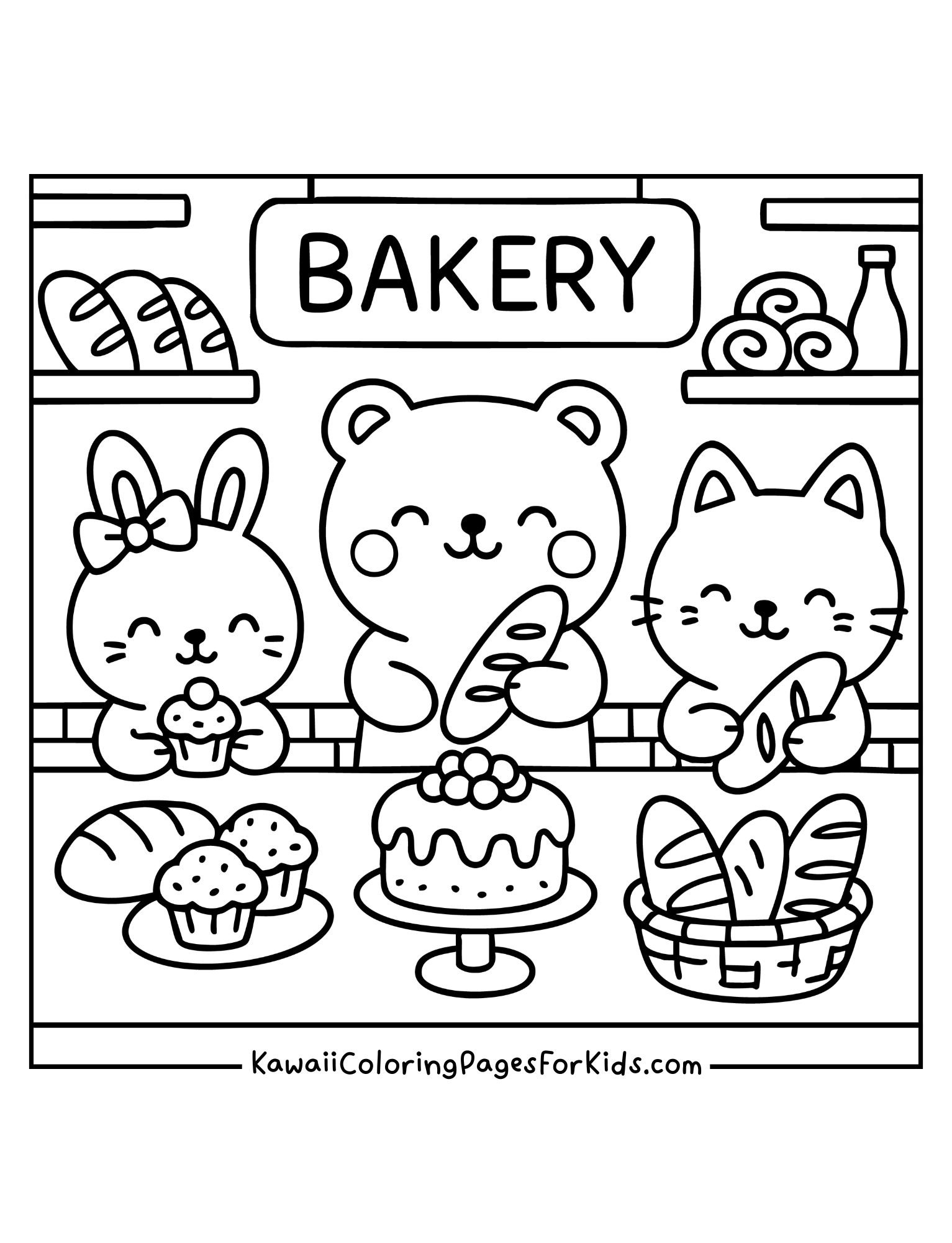 Adorable bunny, bear, and cat working in a bakery, holding bread, cupcakes, and pastries – kawaii style free coloring page for children.