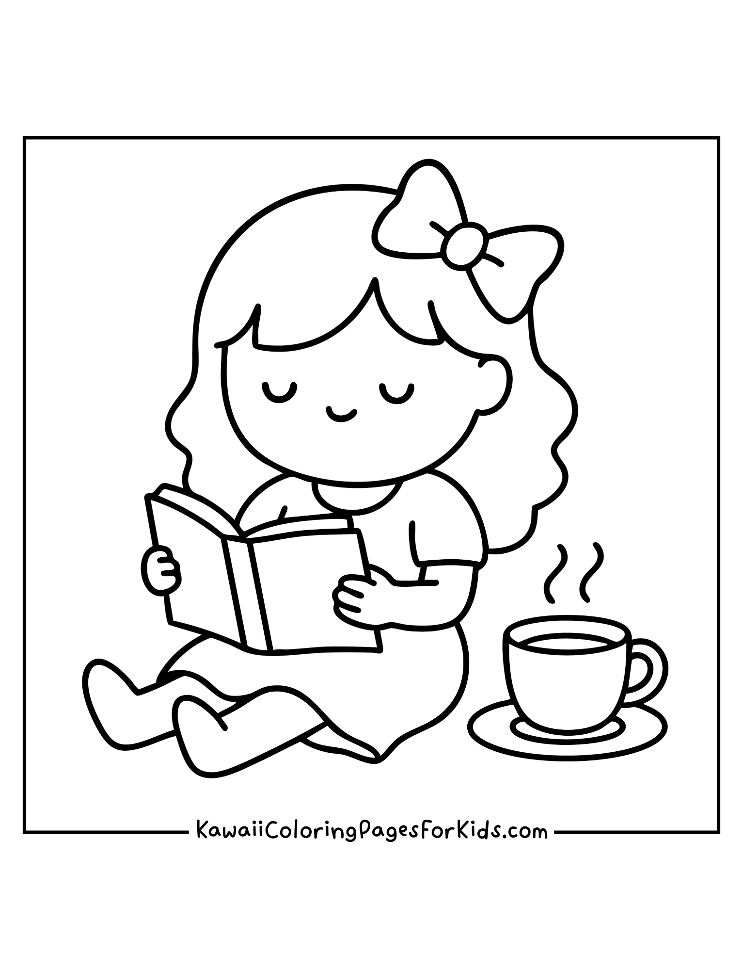 Kawaii girl sitting and reading a book with tea coloring page, simple printable for kids.
