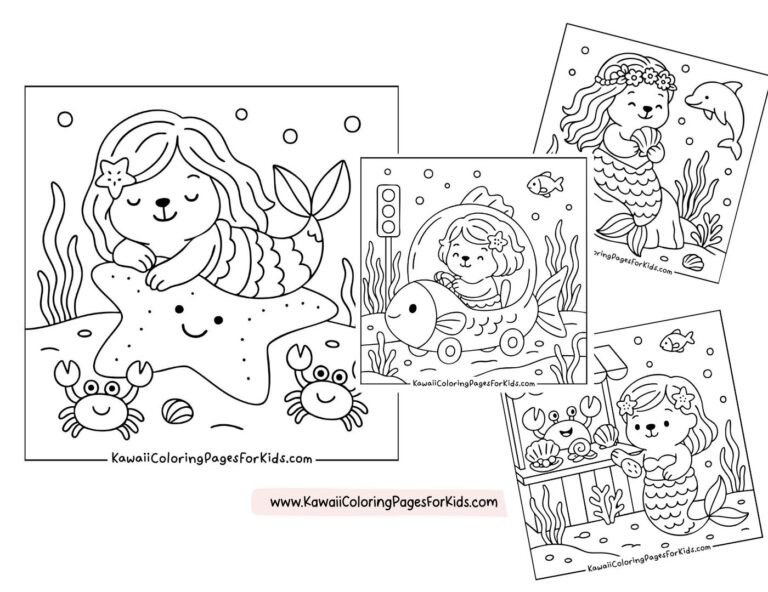 Four black-and-white coloring pages for kids featuring cute mermaids with sea creatures like crabs, starfish, and fish, surrounded by underwater plants and bubbles. The website kawaiicoloringpagesforkids.com is displayed.