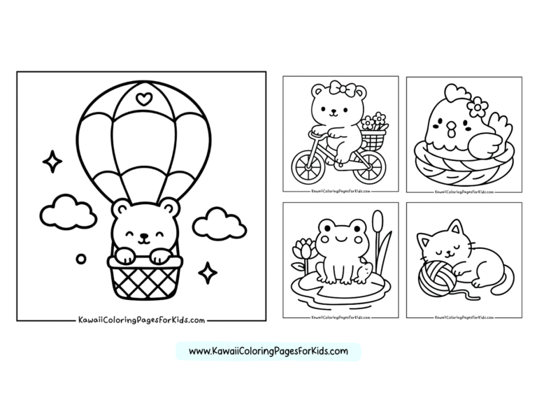 Four cute animal coloring pages: a bear in a hot air balloon, a bear riding a bike, a chick in an eggshell nest, a frog on a lily pad, and a cat playing with yarn. All are simple line drawings for kids.