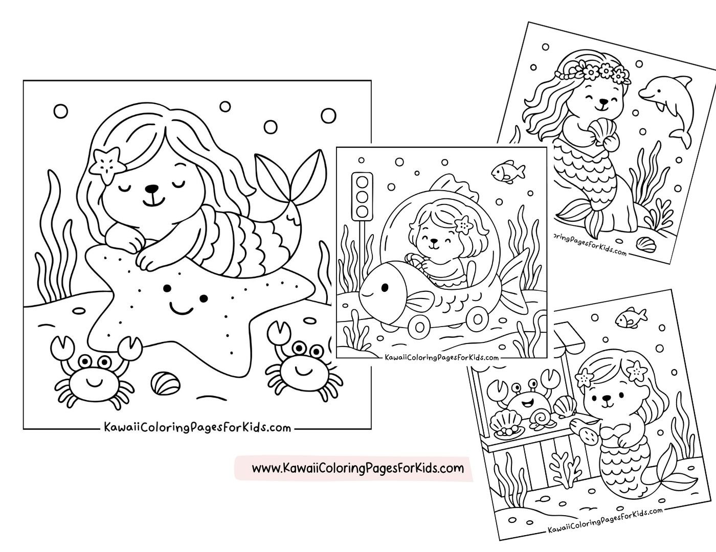 Four black-and-white coloring pages for kids featuring cute mermaids with sea creatures like crabs, starfish, and fish, surrounded by underwater plants and bubbles. The website kawaiicoloringpagesforkids.com is displayed.