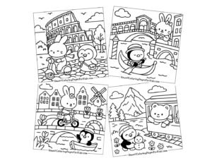 Four cute coloring pages: a bunny and penguin on a scooter by the Colosseum, a penguin gondolier in Venice, a bunny and penguin by a windmill, and a bear building a snowman by a camper van in the mountains.