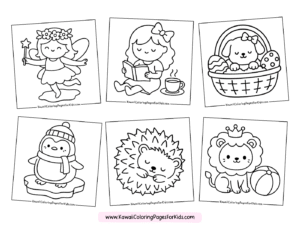 Six cute coloring pages featuring: a fairy with a wand, a girl reading with a teacup, a puppy in an Easter basket, a penguin on ice, a hedgehog, and a lion with a crown and a ball.