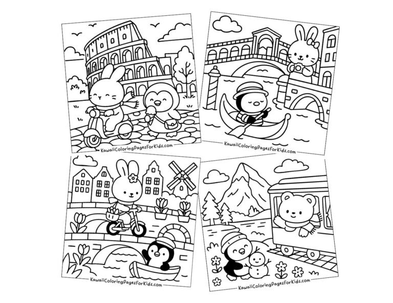 Four cute coloring pages: a bunny and penguin on a scooter by the Colosseum, a penguin gondolier in Venice, a bunny and penguin by a windmill, and a bear building a snowman by a camper van in the mountains.