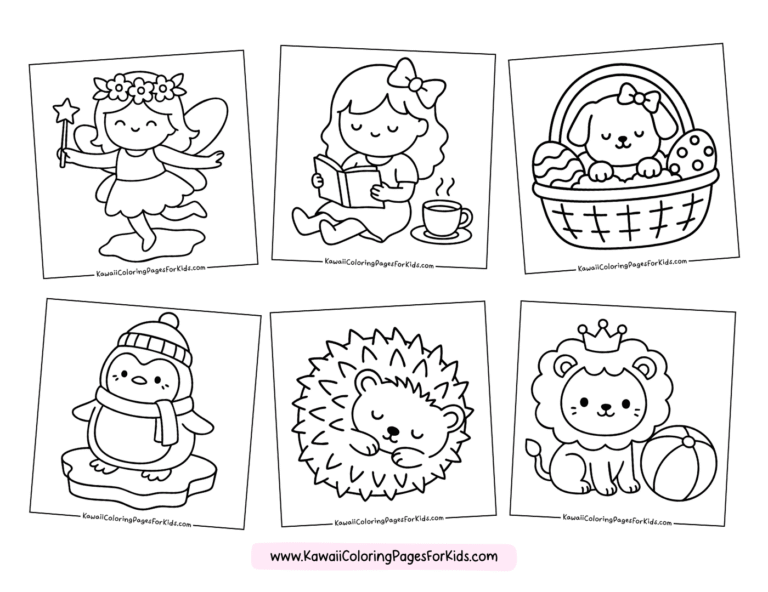 Six cute coloring pages featuring: a fairy with a wand, a girl reading with a teacup, a puppy in an Easter basket, a penguin on ice, a hedgehog, and a lion with a crown and a ball.