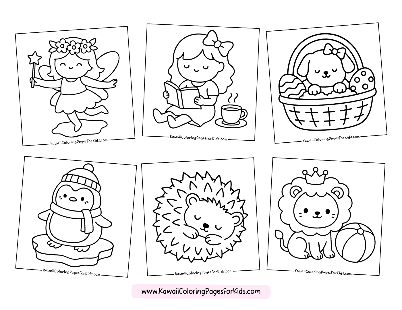 Six cute coloring pages featuring: a fairy with a wand, a girl reading with a teacup, a puppy in an Easter basket, a penguin on ice, a hedgehog, and a lion with a crown and a ball.